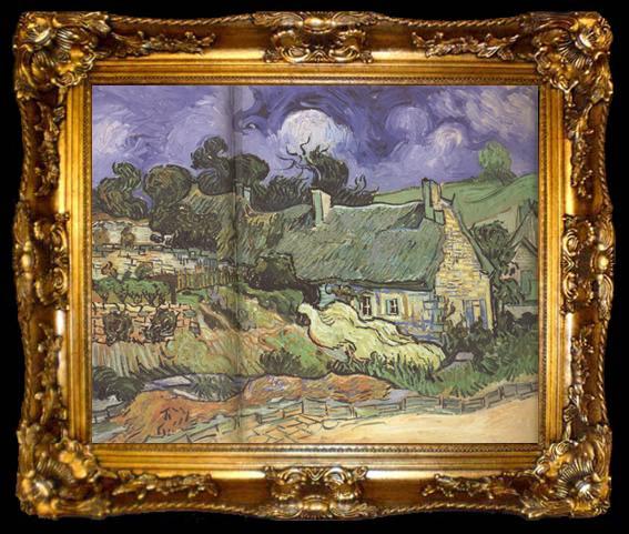 framed  Vincent Van Gogh Thatched Cottages in Cordeville (nn04), ta009-2
